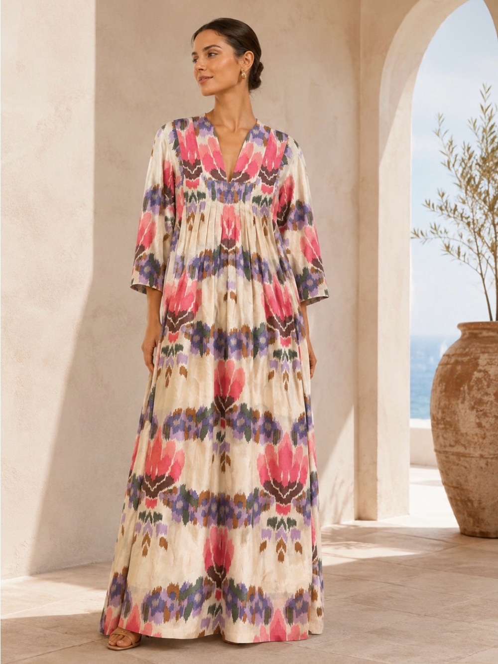 Siamese Trader Raw Silk Ikat Floral Maxi Dress M Empire Waist Boho